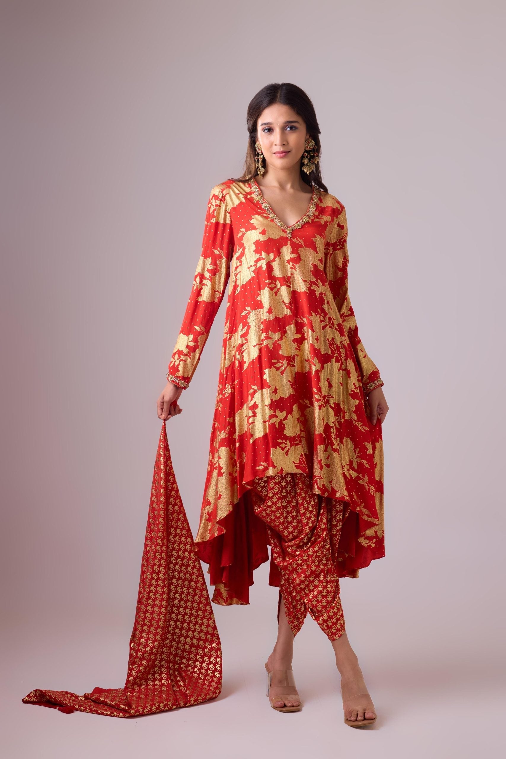 Long asymmetrical foil printed kurta