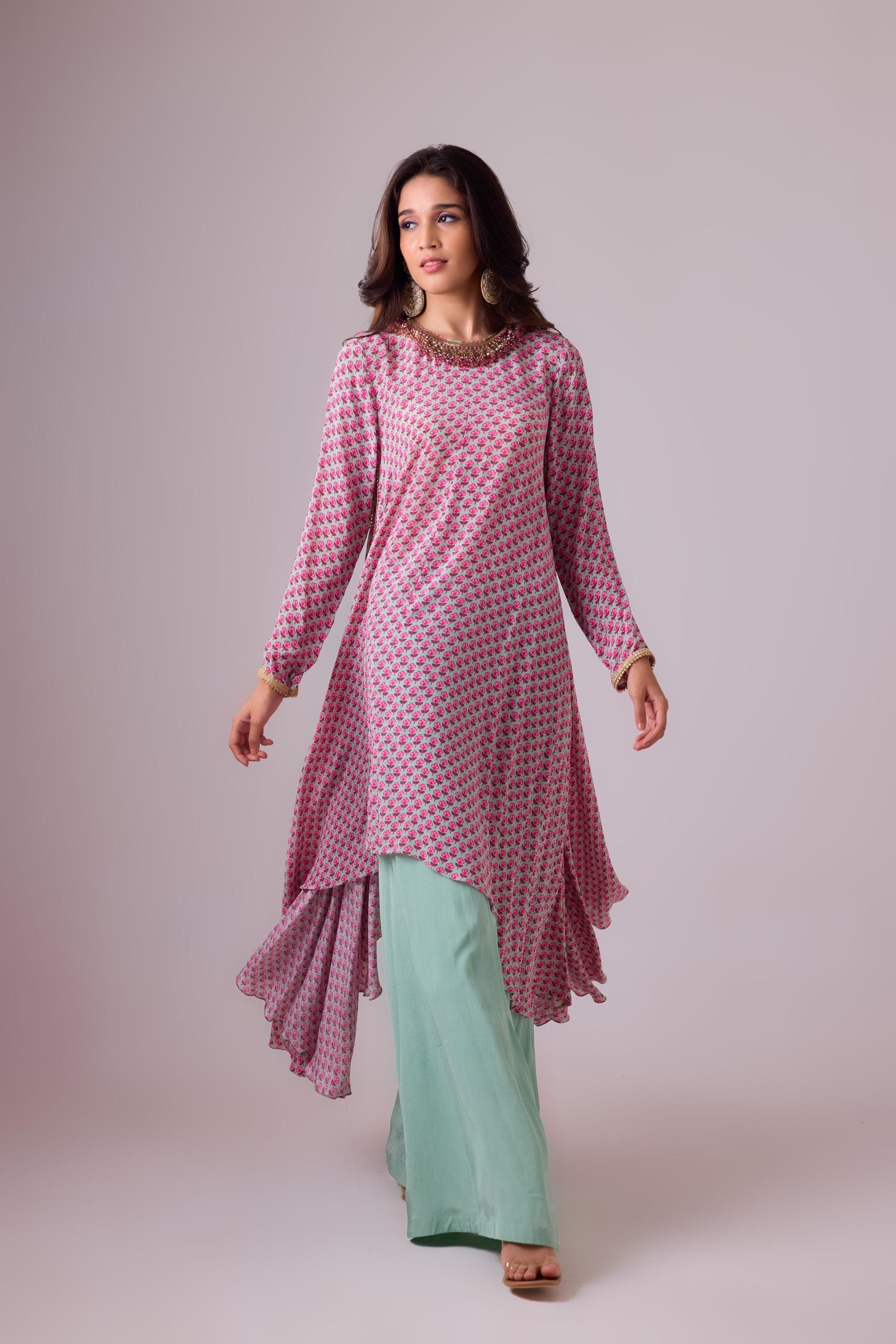 GODET TUNIC WITH NECK DETAILING WITH  PALAZZO PANT