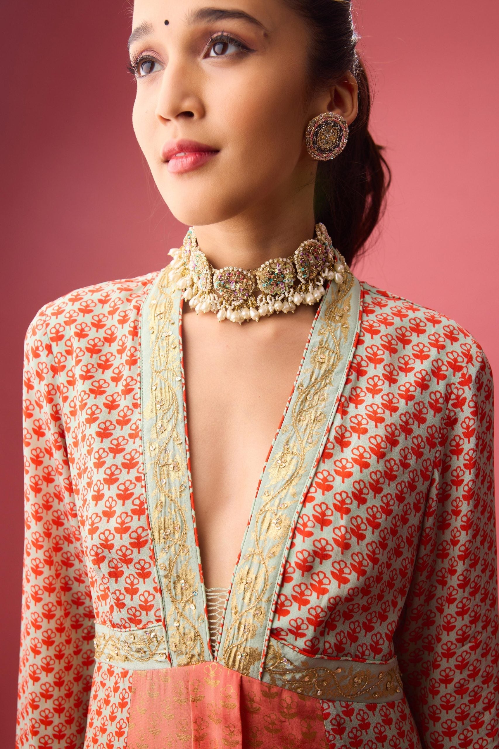 KALIDAR KURTA WITH PRINT AND EMBROIDERY PAIRED WITH CHURIDAR