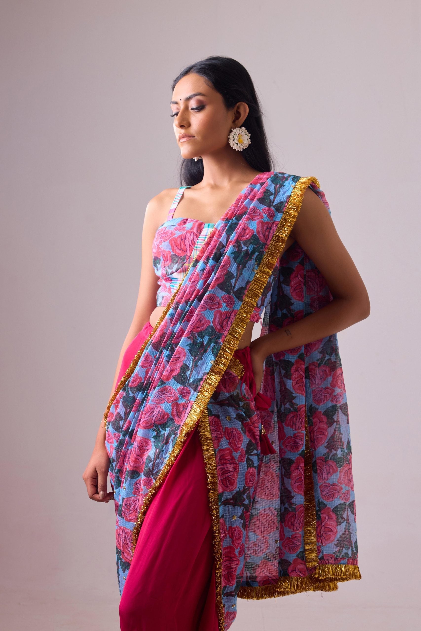 KOTA SAREE WITH DHOTI PANT PAIRED WITH  MADRAS CHECK BRALETTE