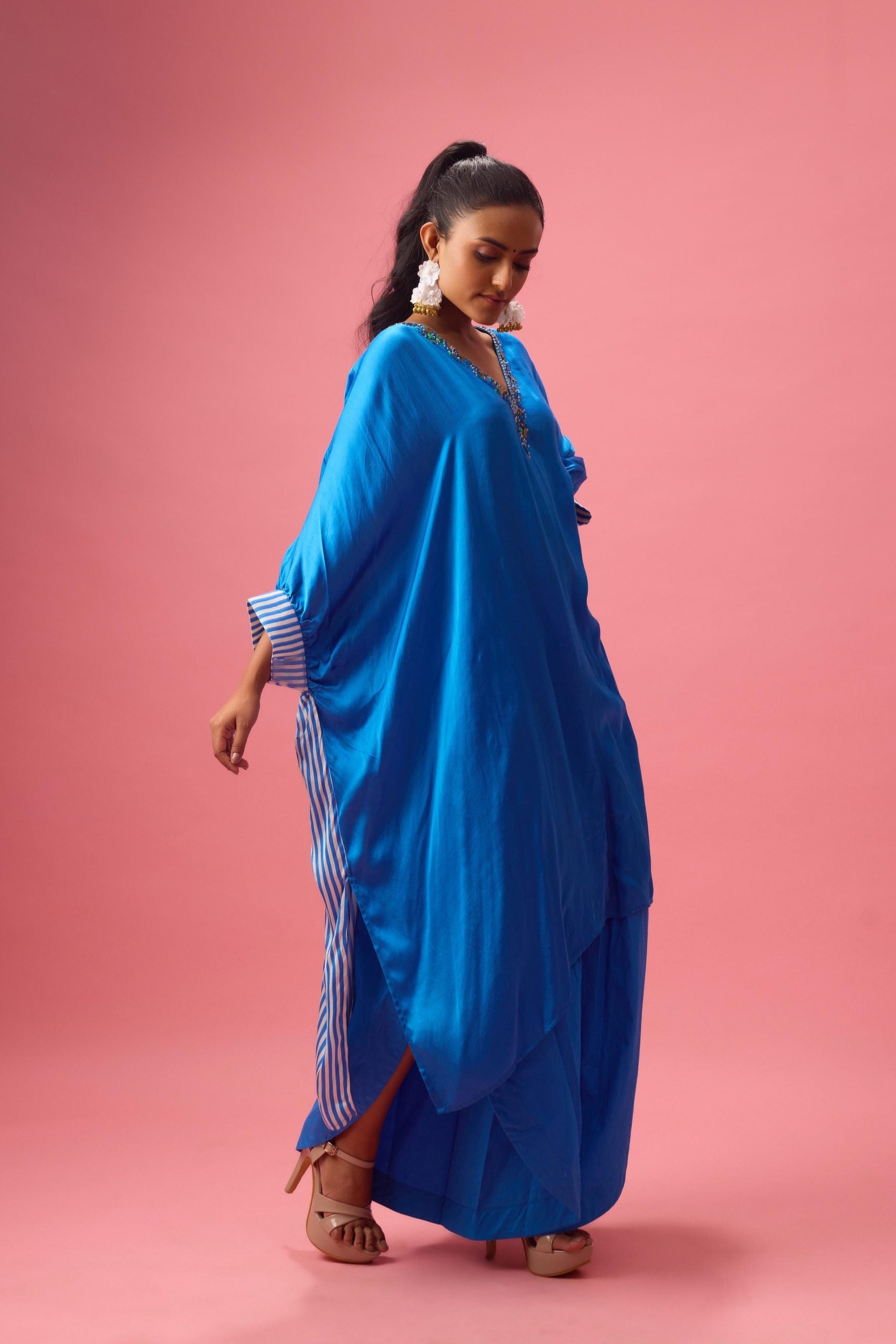 SOLID KAFTAN WITH STRIPE PLEATED DETAILING PAIRED WITH PANTS