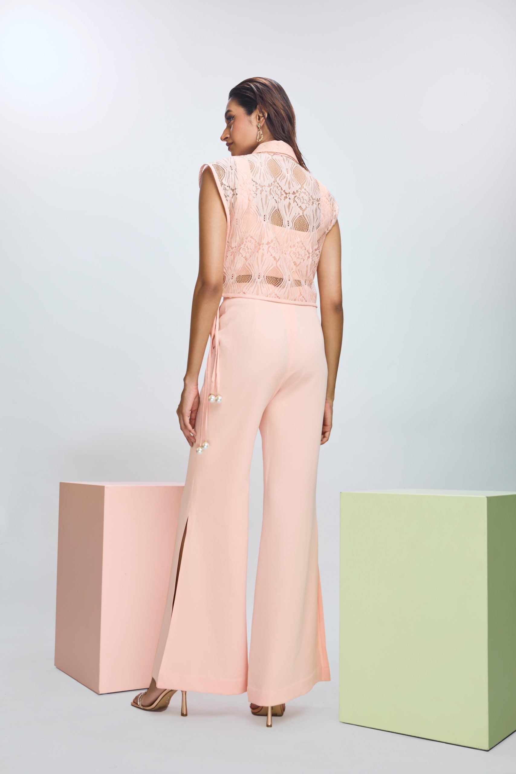 Top with Side Tie-Up and Micro Crop Top with Flared Pants with Side Slit