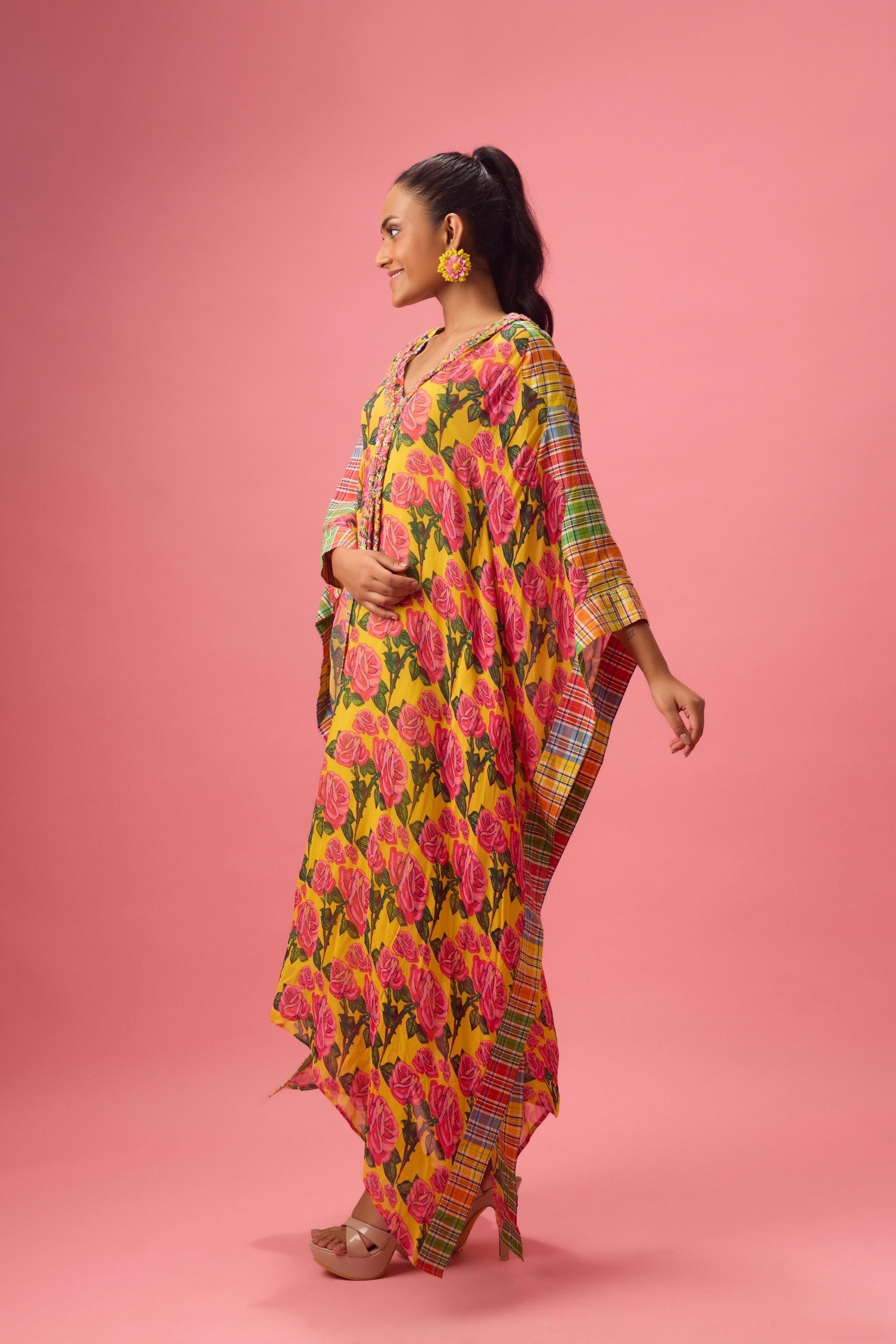 FLORAL PRINTED KAFTAN WITH MADRAS CHECK DETAILING