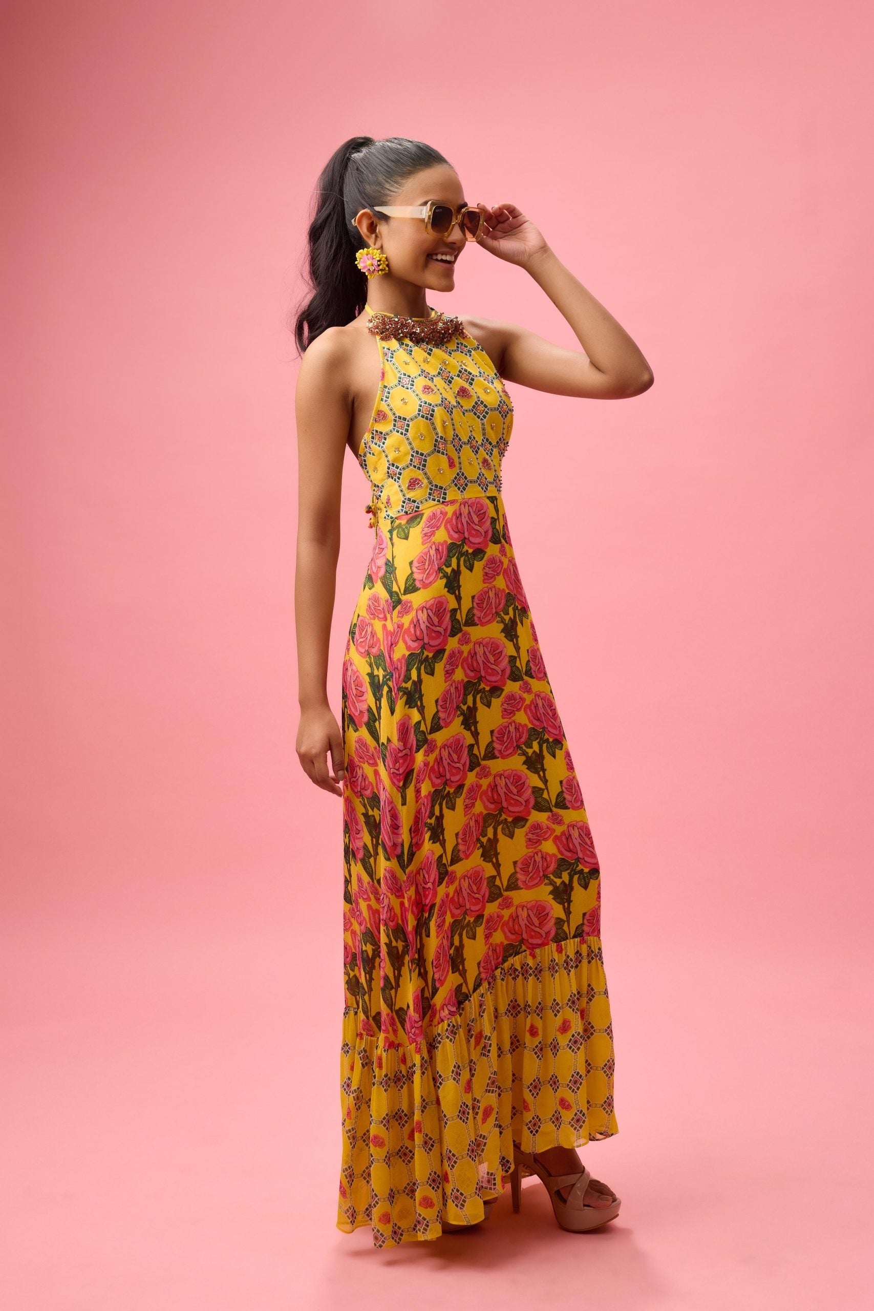 ROSE PRINTED WITH HANDWORK FINISHING ON YOKE DRESS