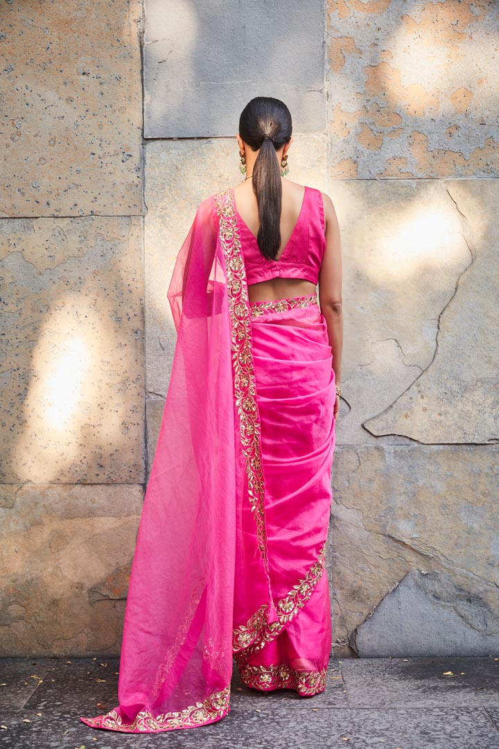 fuschia silk organza saree