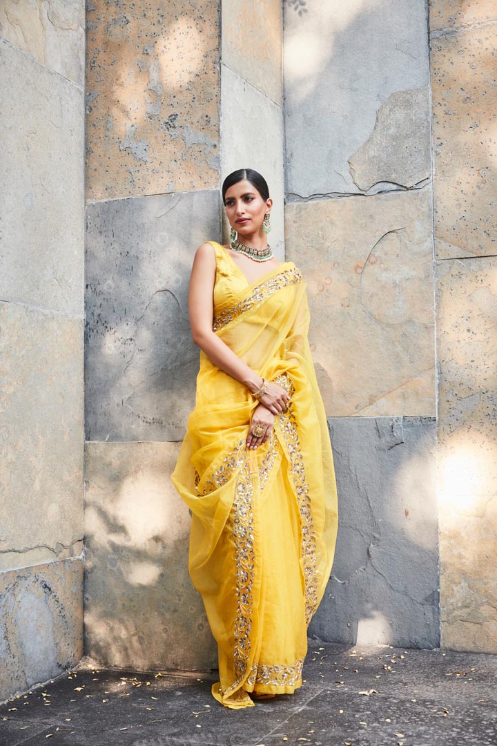 yellow silk organza saree