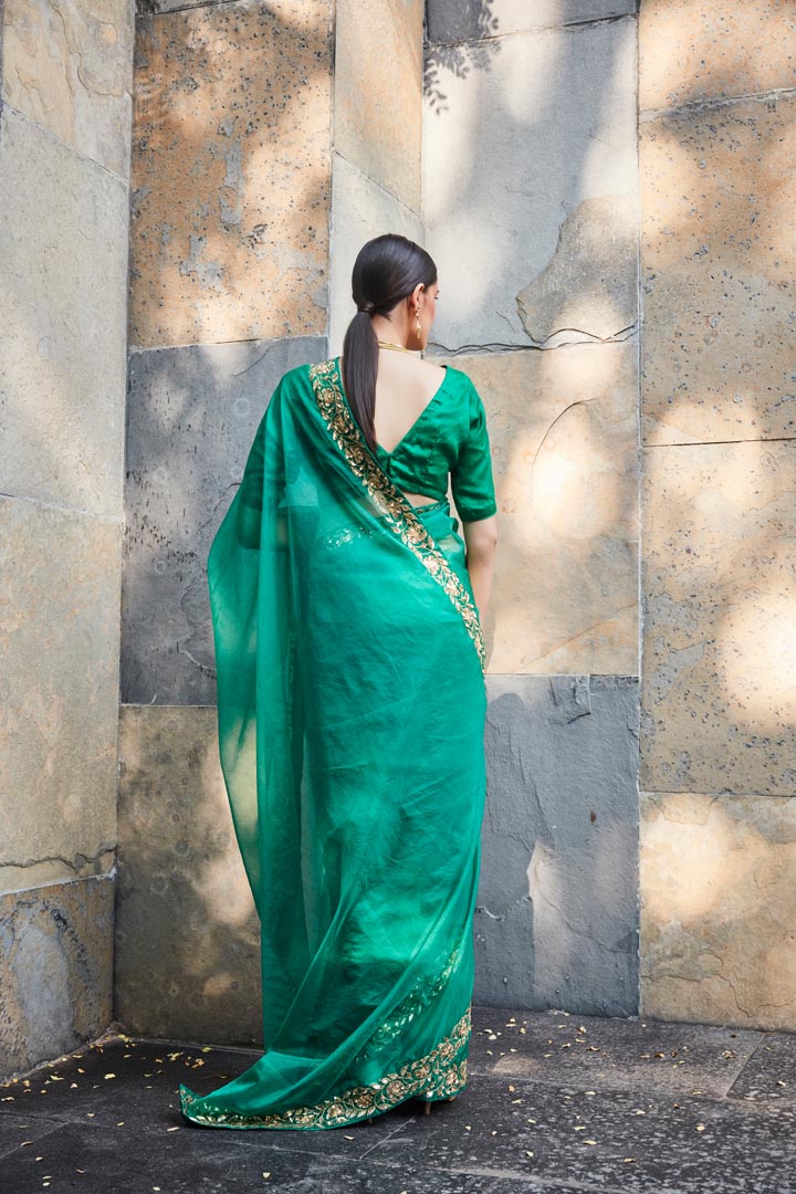 green silk organza saree