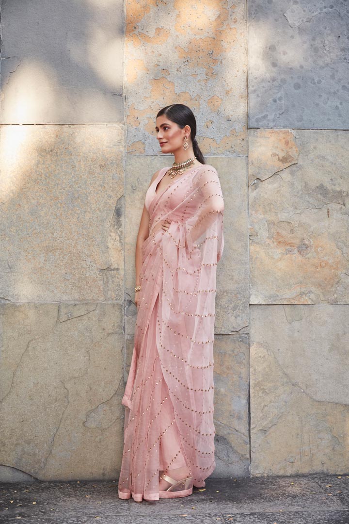 blush pink silk organza saree