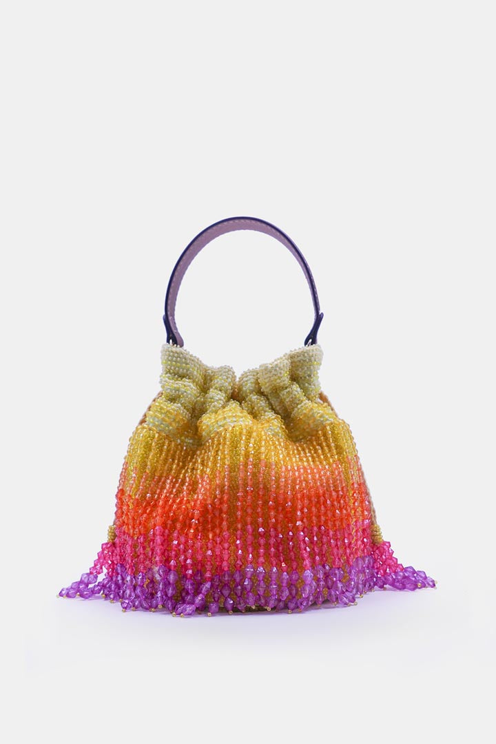 Handcrafted Yellow Ombre Potli Bag With Crystal Fringes And Drawstring Closer