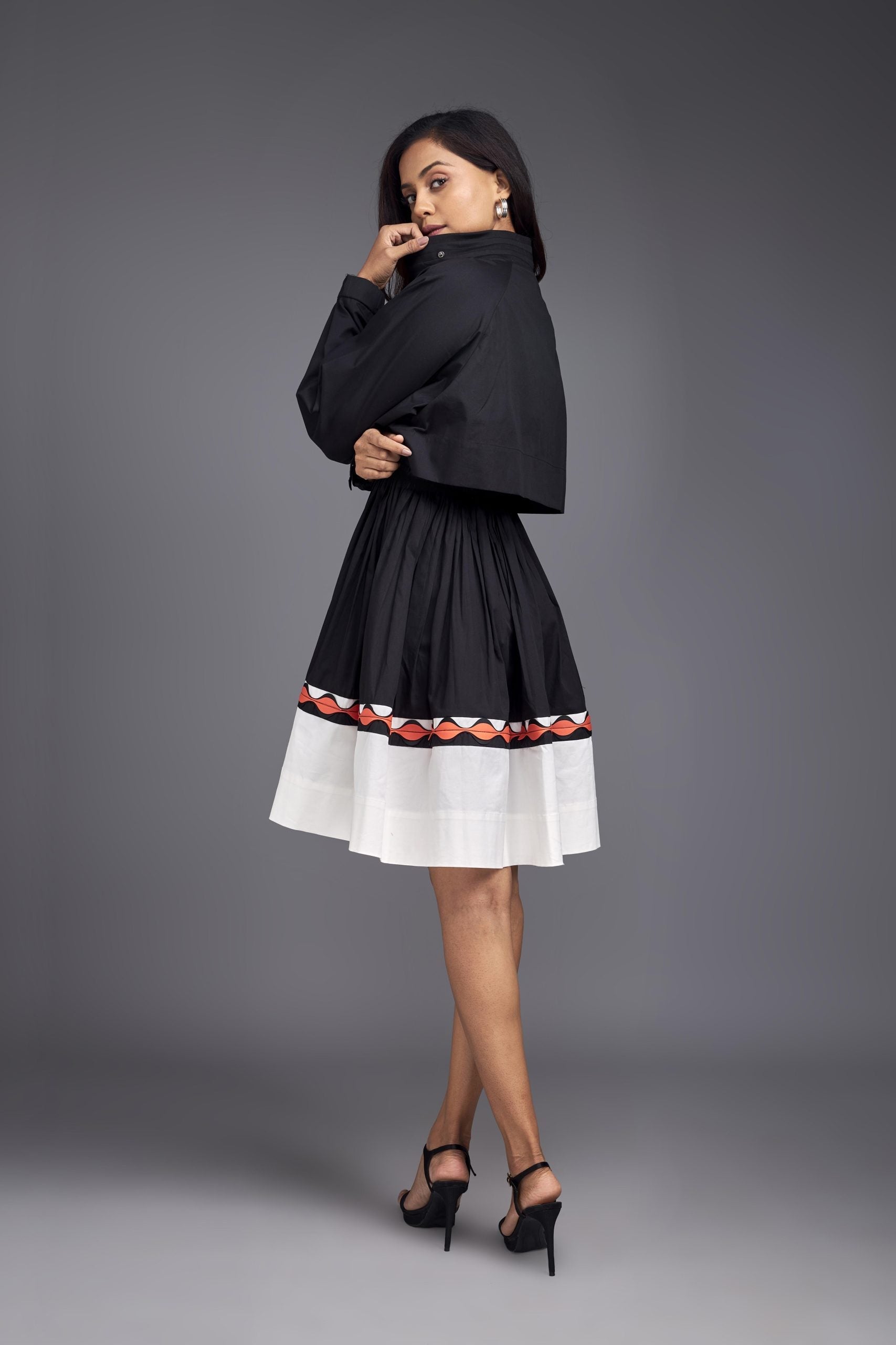 BLACK & WHITE COLOUR BLOCK JACKET STYLE RUFFLE DRESS