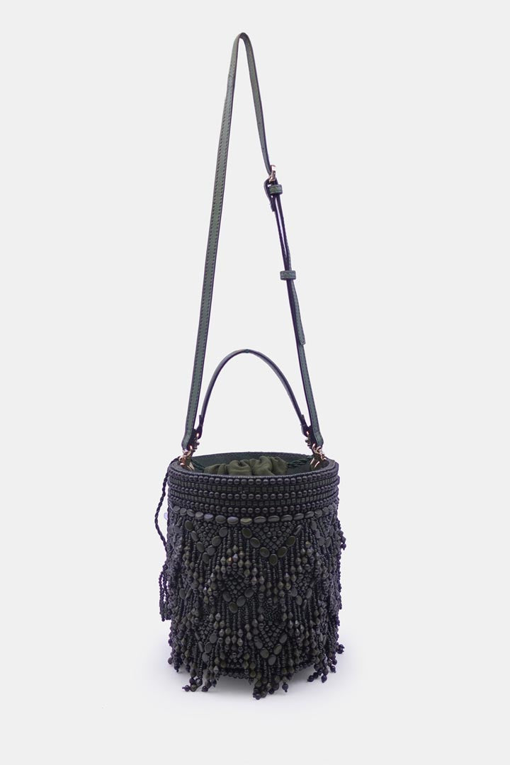 Handcrafted olive green potli bag adorned with intricate bead embellishments