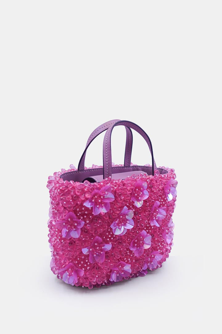 Pink Orchid Bucket Bag With 3D Flower Crystal Bead Embellishments