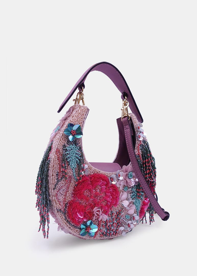 Pink and Teal Bead-Embellished Clutch Bag with Detachable Leather Crossbody Strap