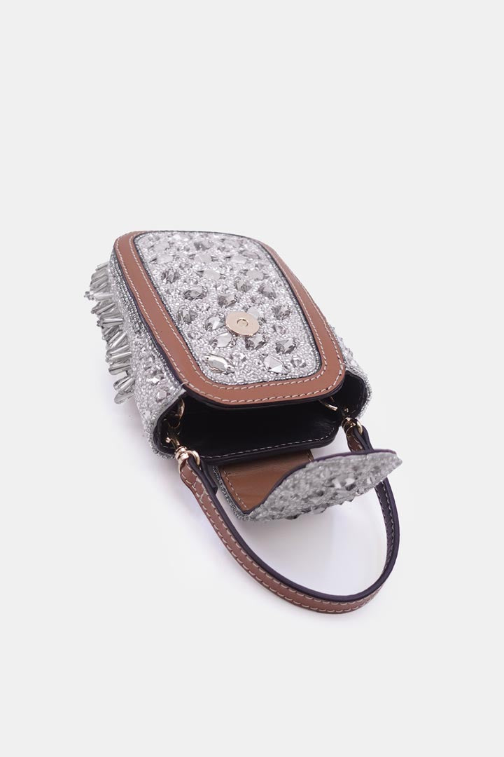 Silver Clutch Bag  with Detachable Leather Crossbody Sling