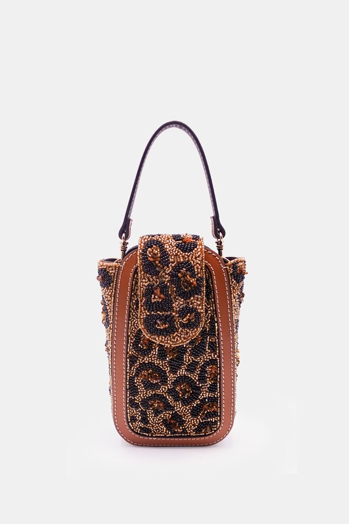 Leopard Print Hand-Embellished Beaded Clutch Bag with Crossbody Sling