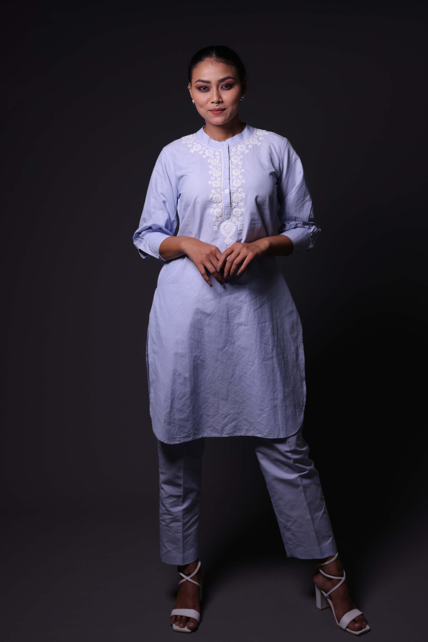 Blue and White Stripes Print Kurta with Palazzo