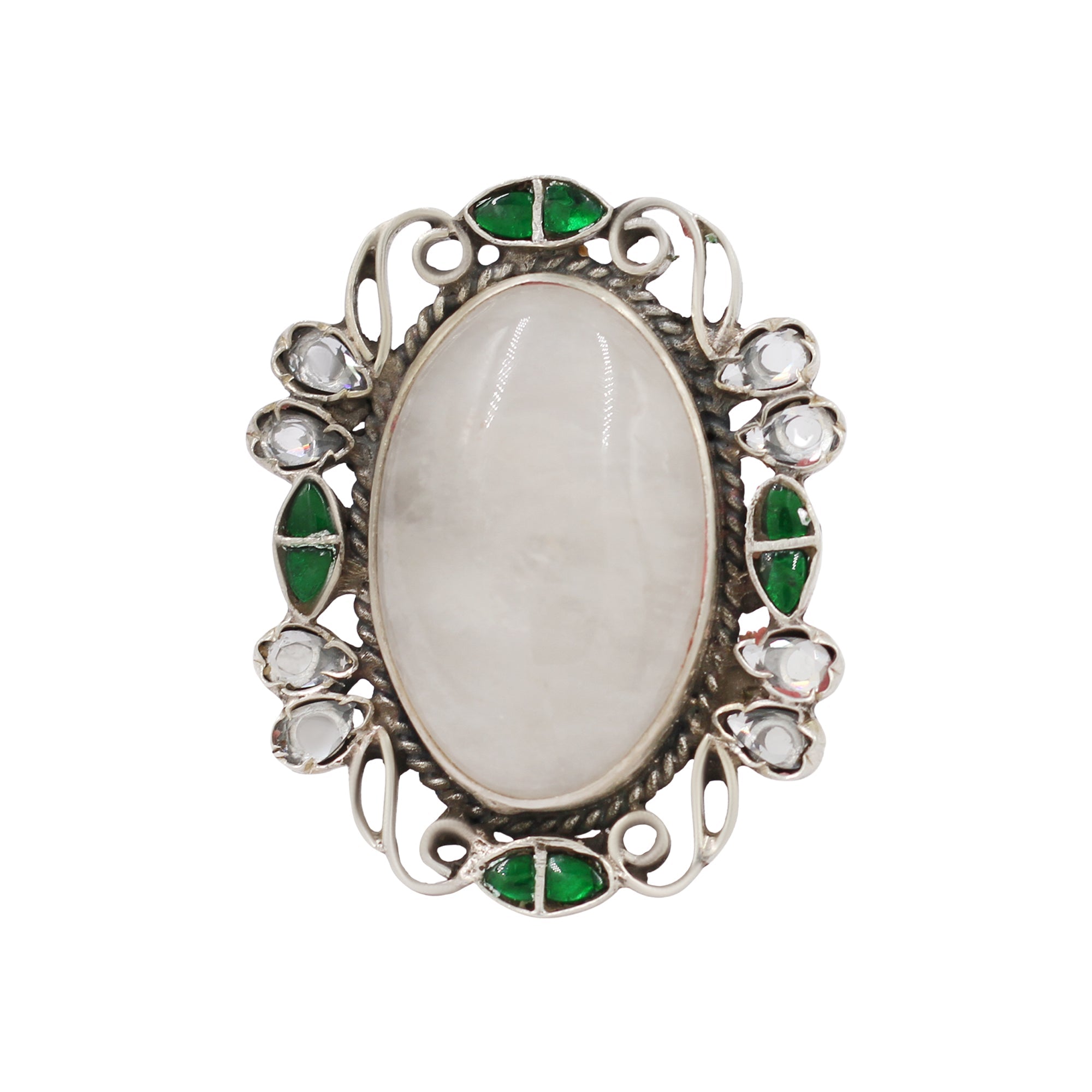 Sangeeta Boochra Handcrafted Oval Cabochon Silver Ring with Kundan Work
