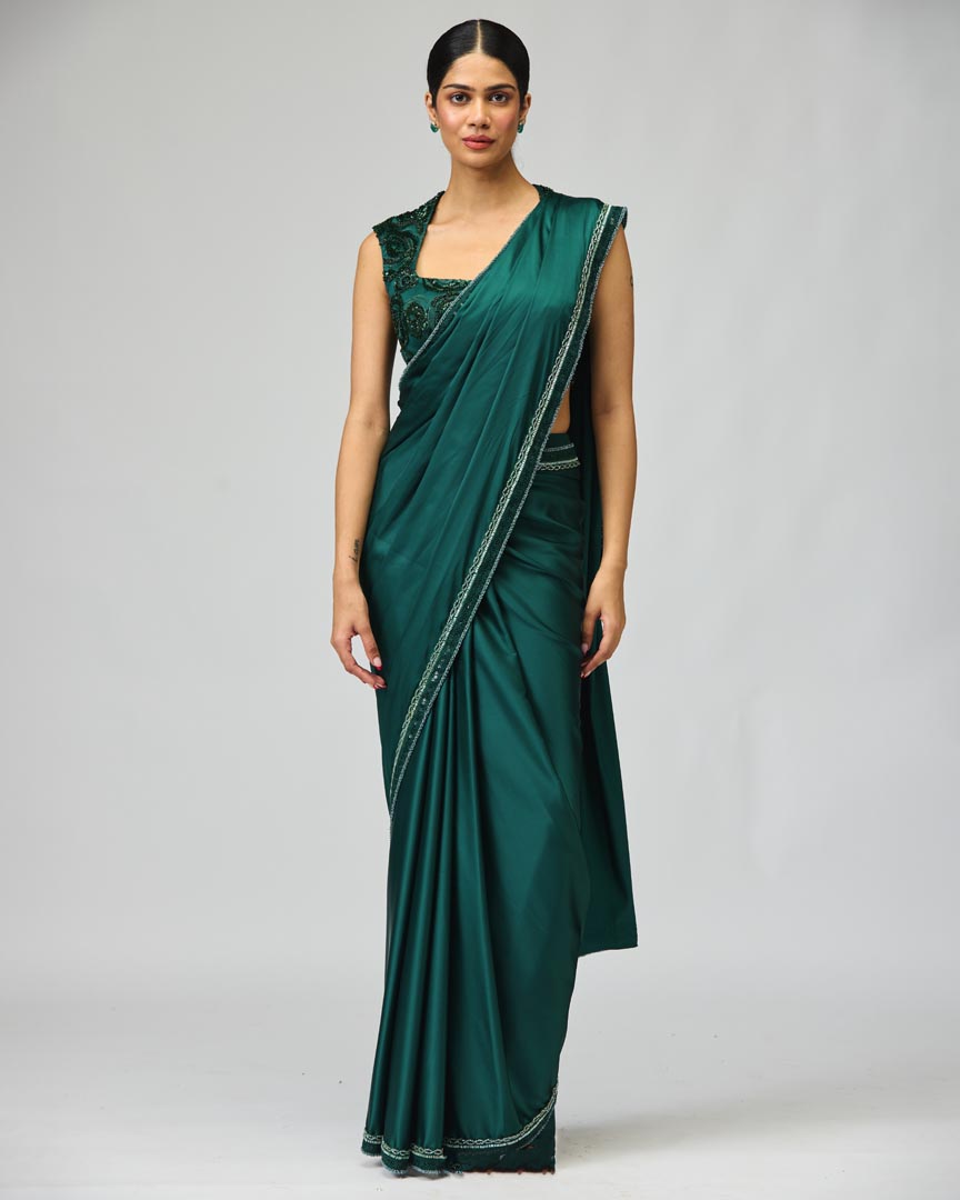 Emerald Green Armani Satin Saree Set with Embellished Blouse