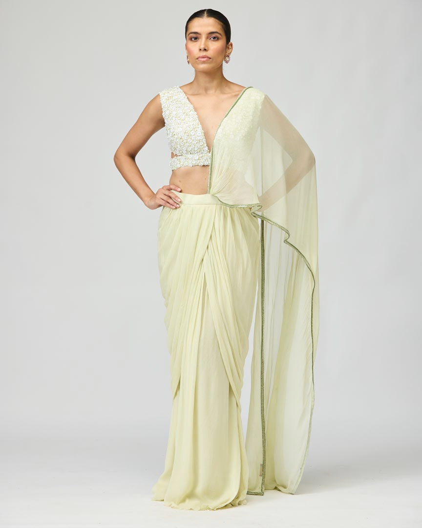 Lime Green Silk Chiffon Saree with Beadwork for Festive Occasions