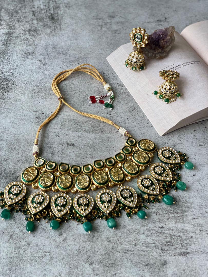 Green Meenakaari Kundan Necklace Set