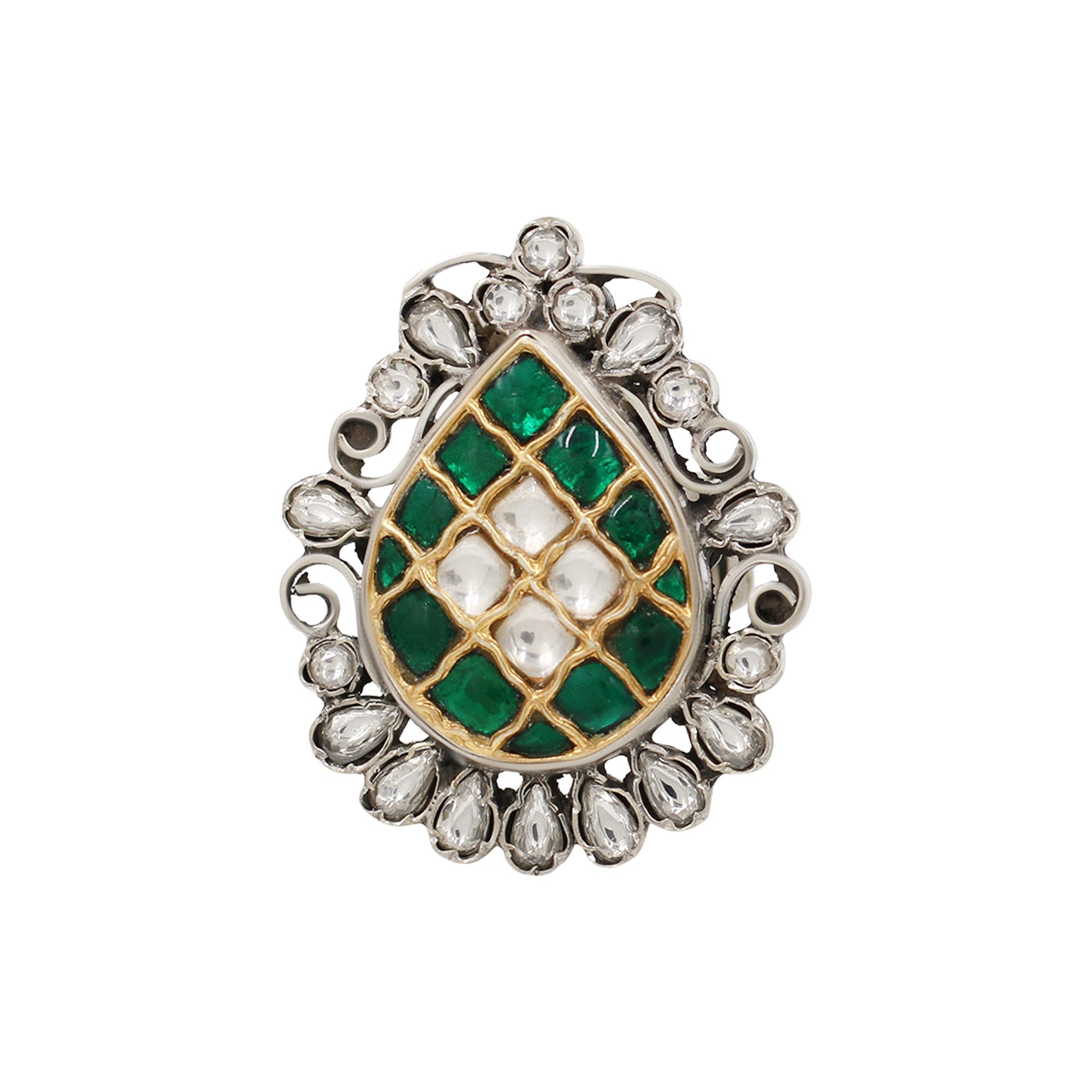 Handcrafted Green & White Kundan Silver Ring by Sangeeta Boochra