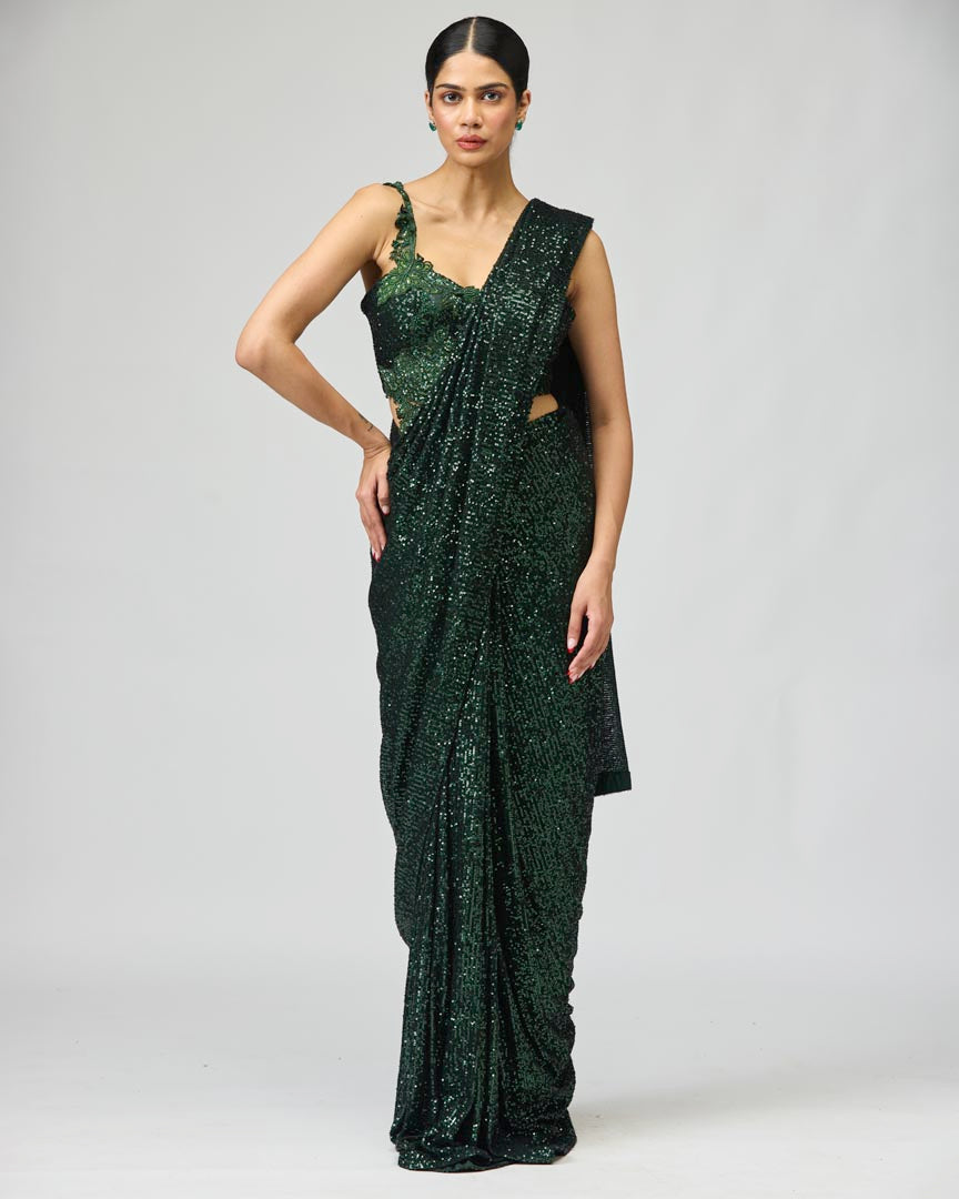 Dark Green Sequin Saree Set with Elegant Dory Work Festive Wear