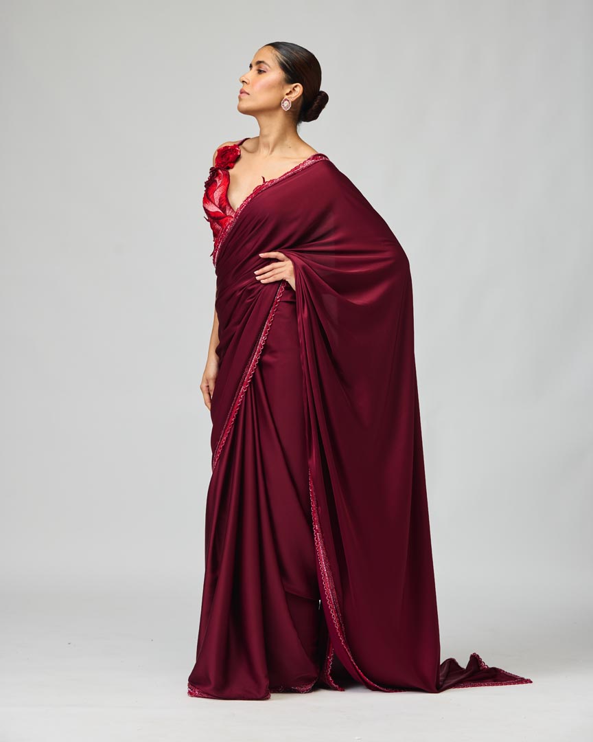 Glossy Organza Saree Set in Wine with 3D Leaf Embellishments
