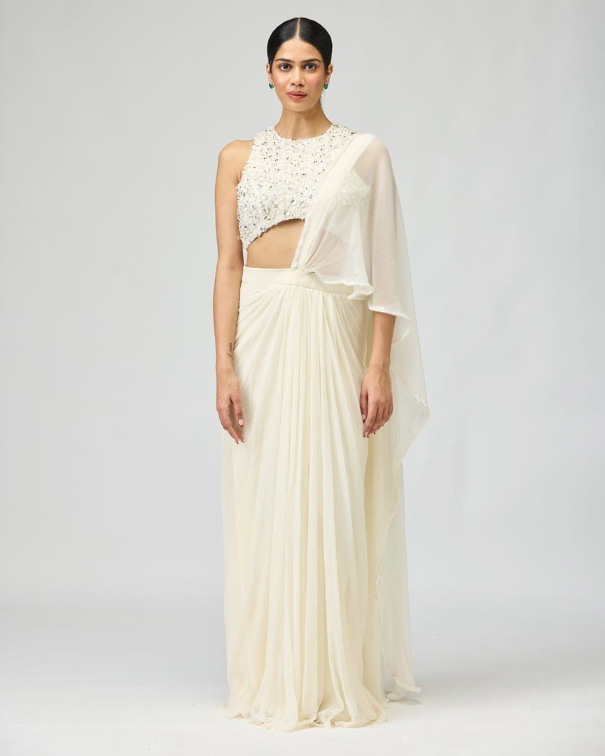 Ivory Silk Chiffon Saree with Cutdana Bead Embroidery - Festive Wear