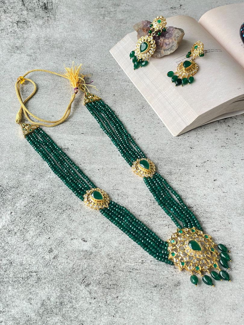 Hyderabadi Kundan Long Necklace Set with Green Beads