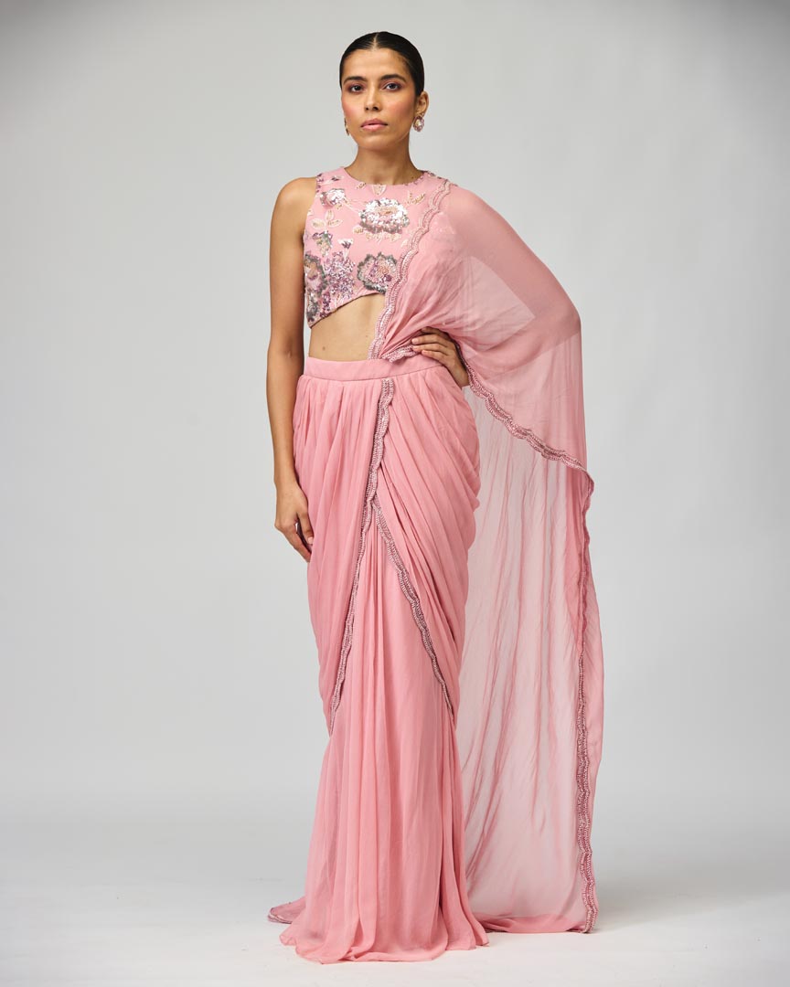 Light Pink Silk Chiffon Saree Set with Cutdana & Bead Work