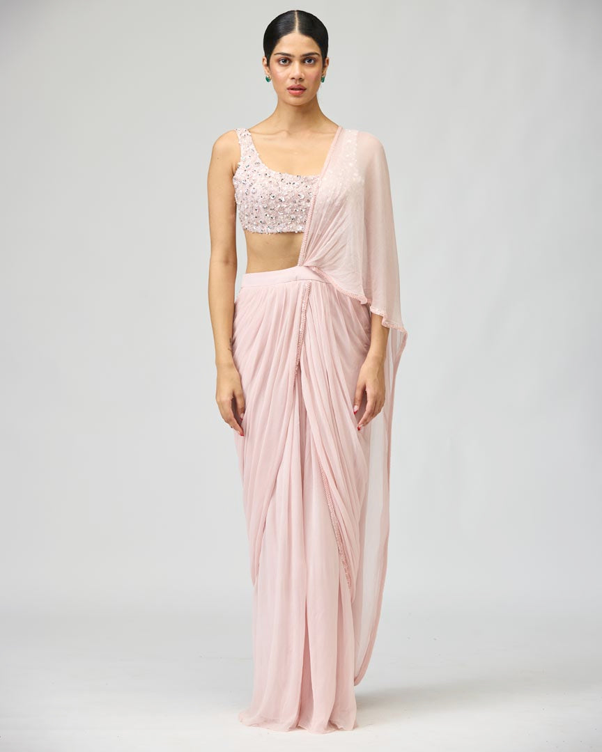 Light Pink Silk Chiffon Saree Set with Pearl Work & Cutdana Border