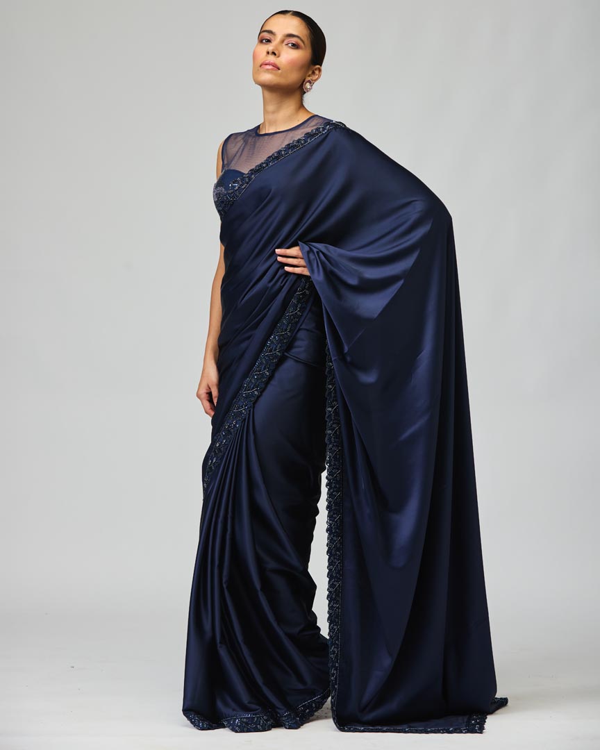 Navy Embellished Saree Set in Fluid Armani Satin & Net