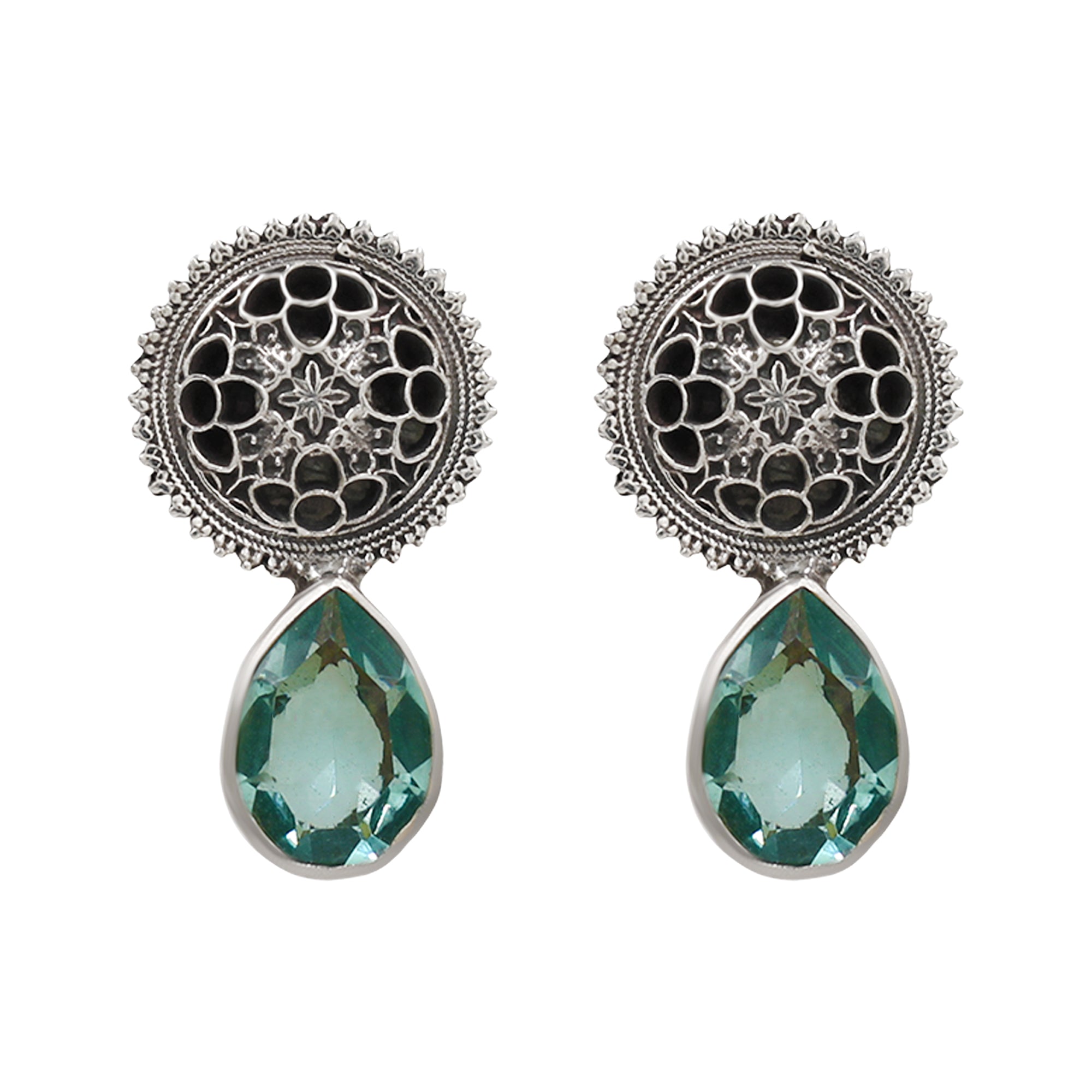 Sangeeta Boochra Oxidised Silver Aqua Drop Statement Earrings