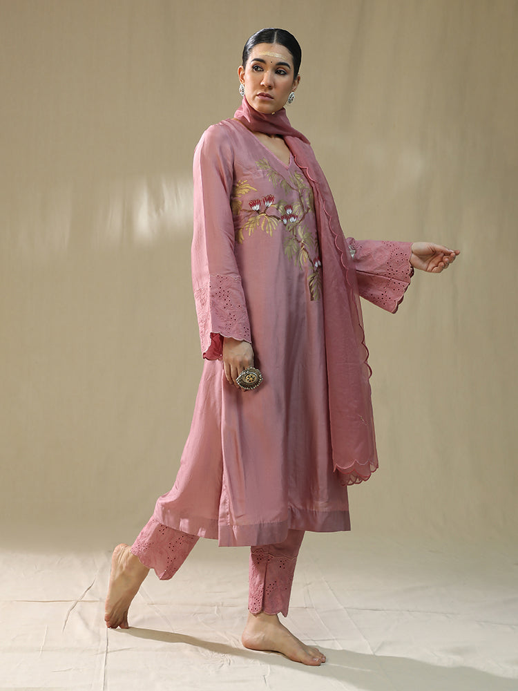 Dusty Pink Handpainted Kurta Set