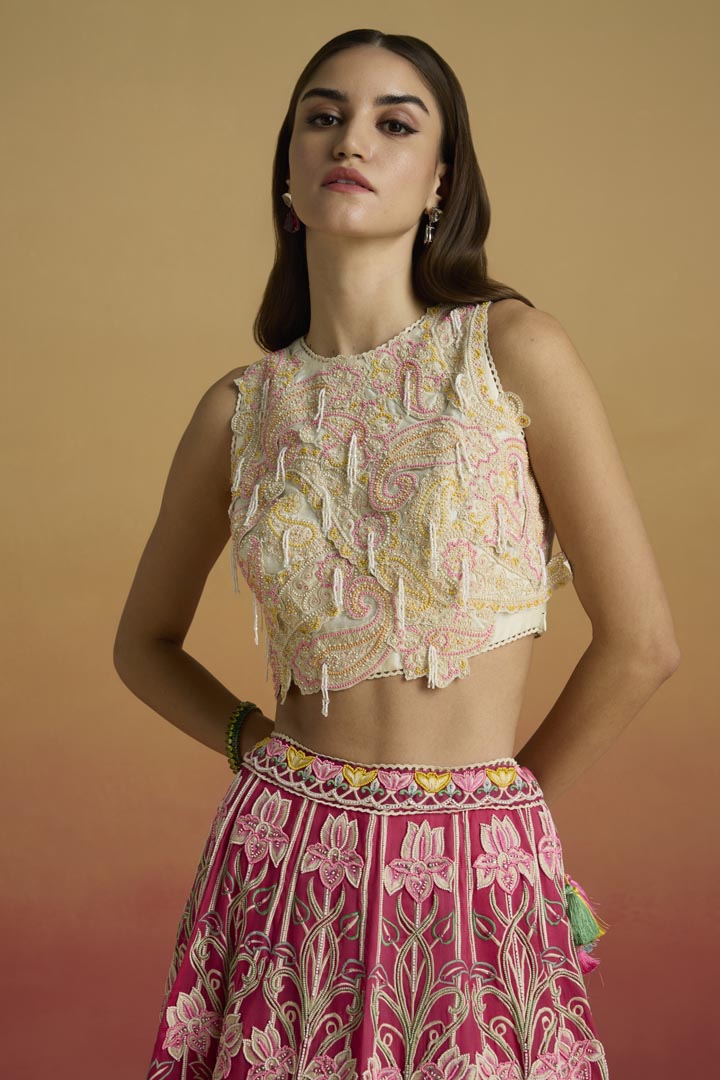 Ivory Paisley Applique Chanderi Crop Top - Luxury Festive Wear