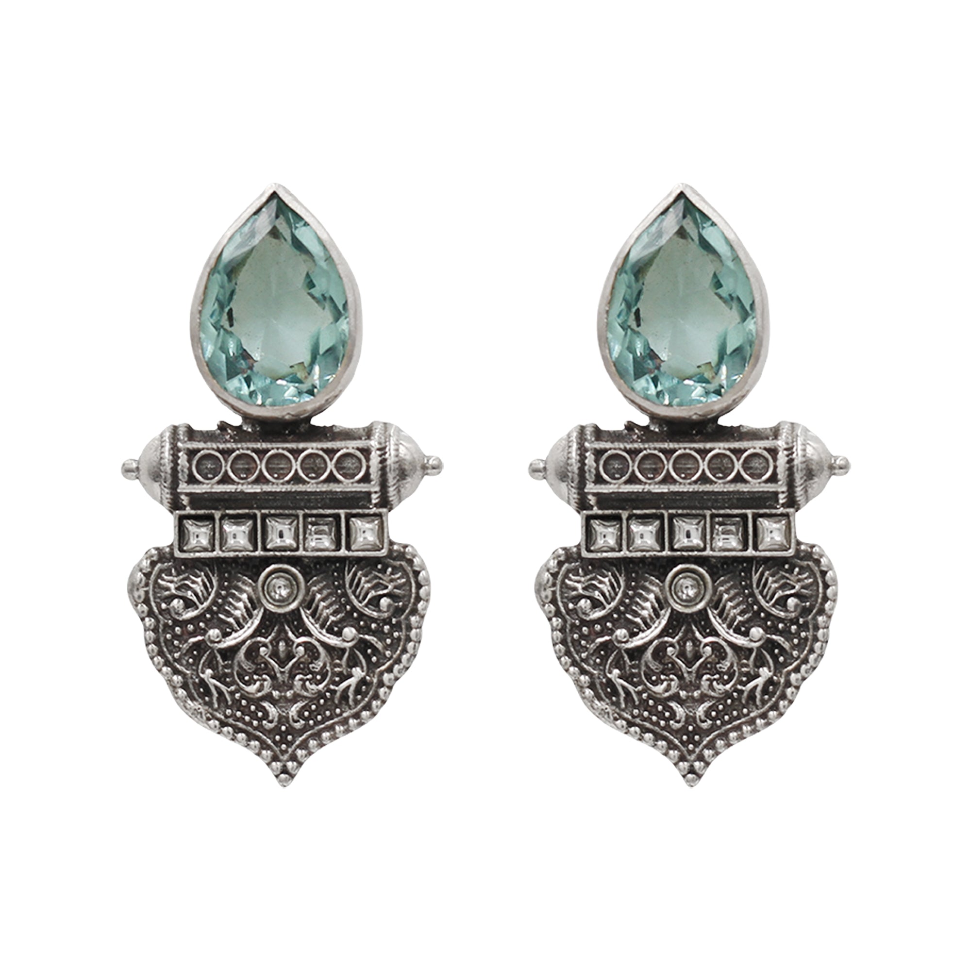 Sangeeta Boochra Vintage Style Silver Aqua Statement Earrings