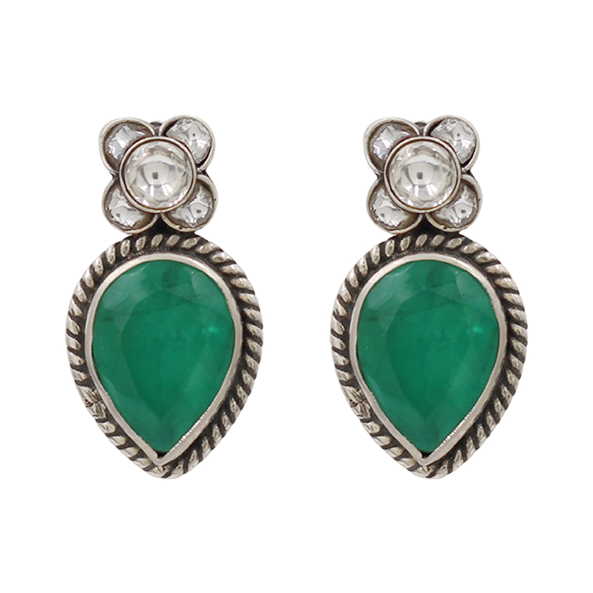 Sangeeta Boochra Artisan Silver Floral Green Statement Earrings