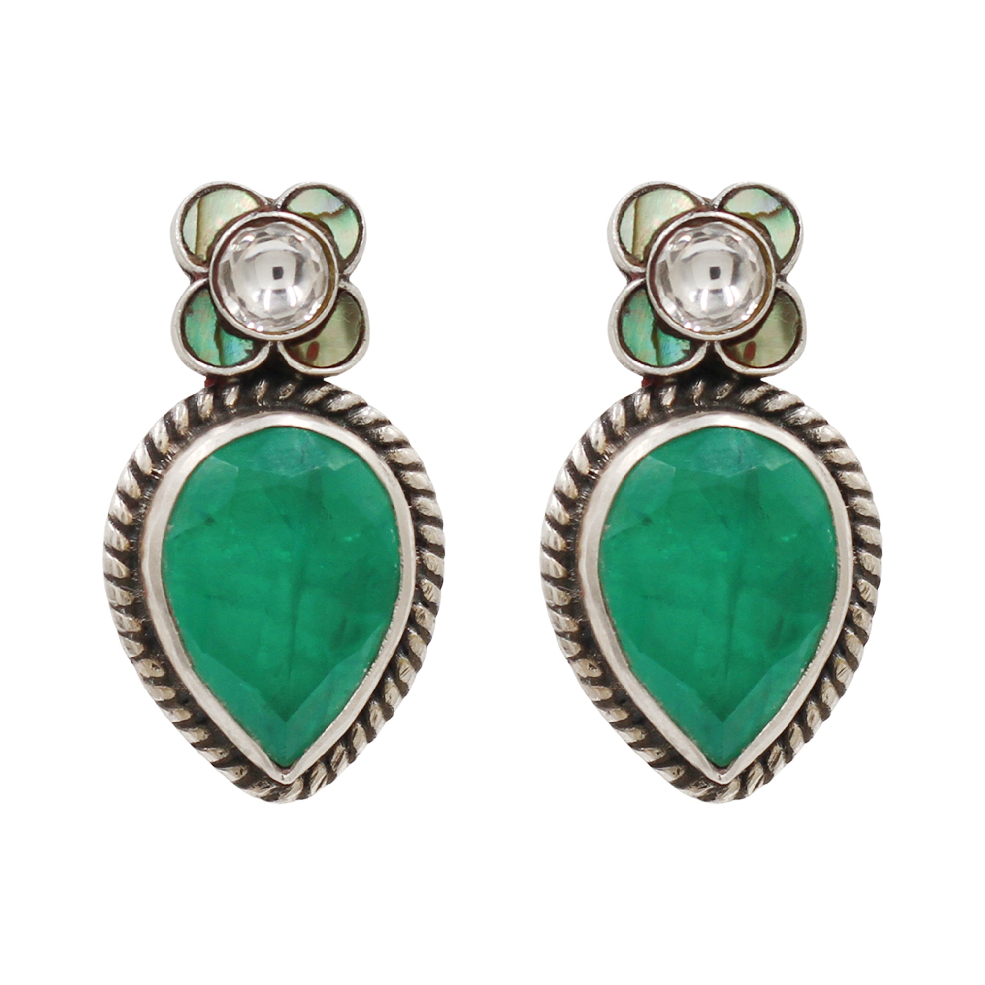 Sangeeta Boochra Oxidised Silver Green Teardrop Stone Earrings