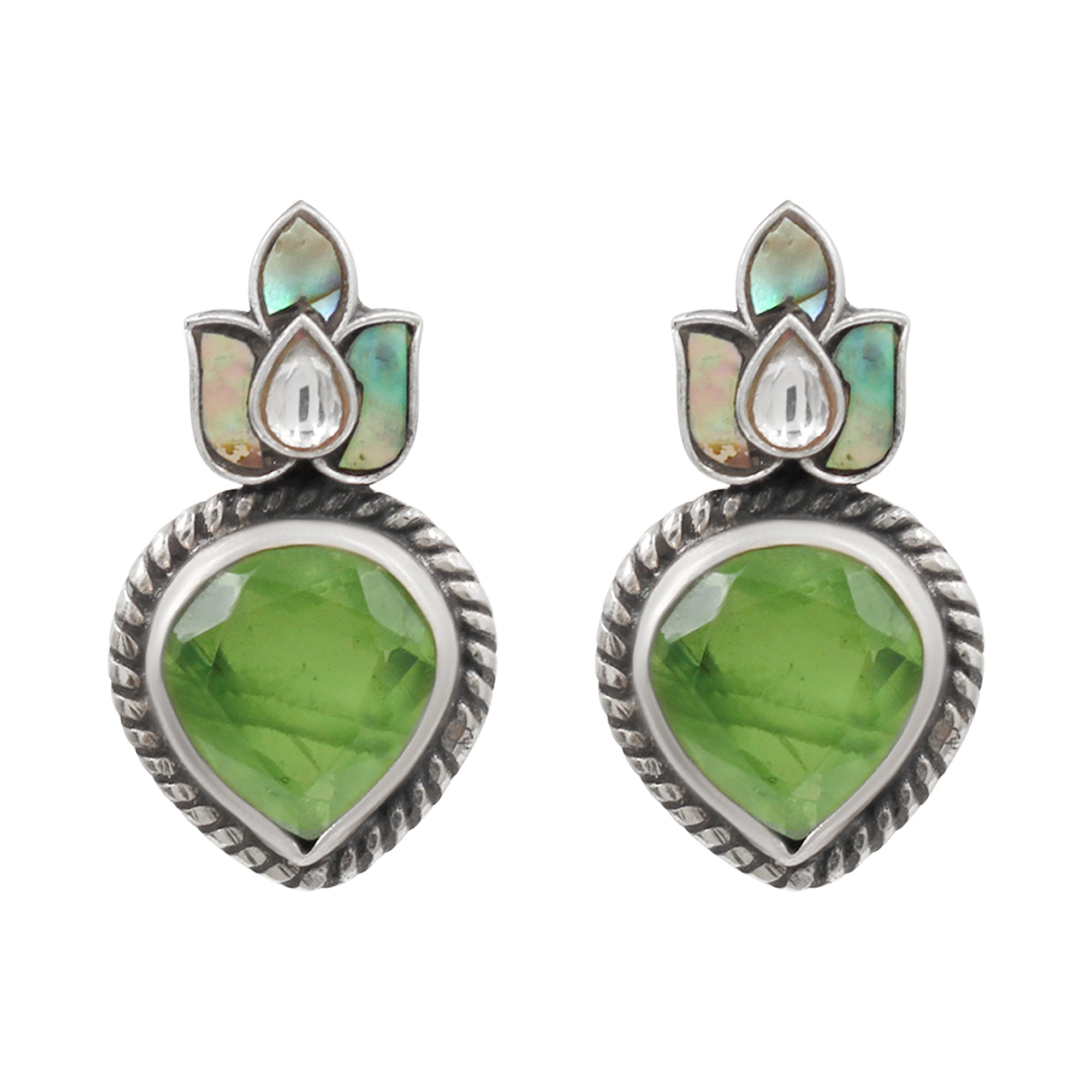 Sangeeta Boochra Handcrafted Oxidised Silver Floral Green Drop Earrings