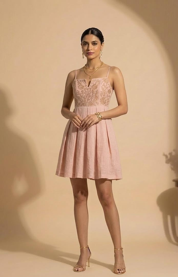 THETAA Evora  Embroidered Chanderi Cotton Flared Dress