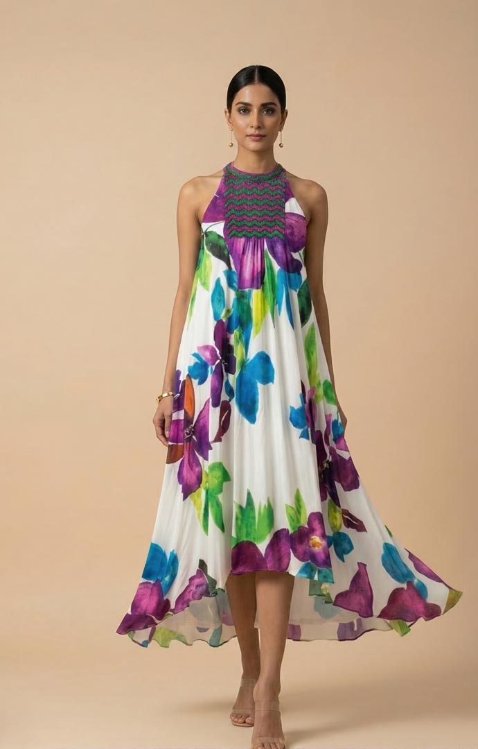 THETAA Isla  Embroidered Silk Shantoon Dress
