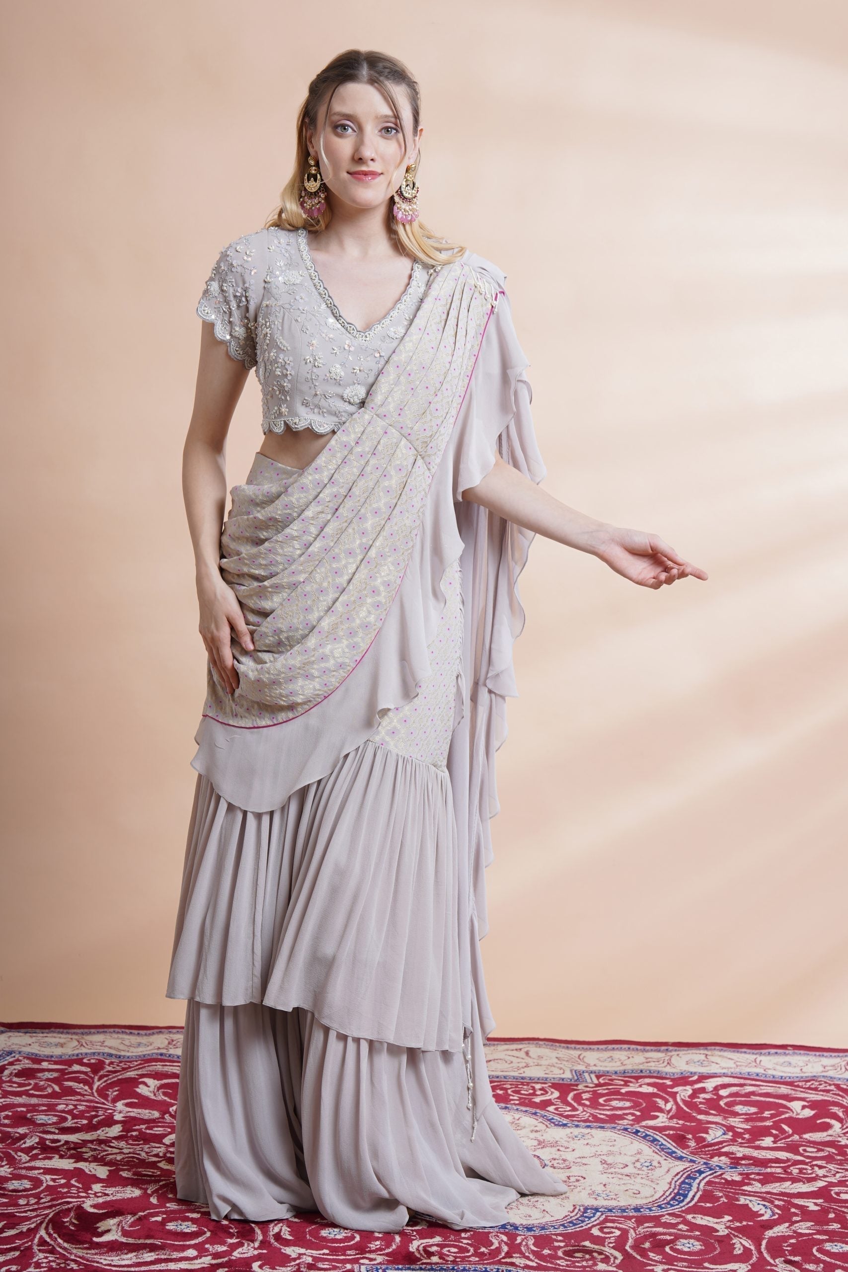 Image of Grey georgette drape saree set