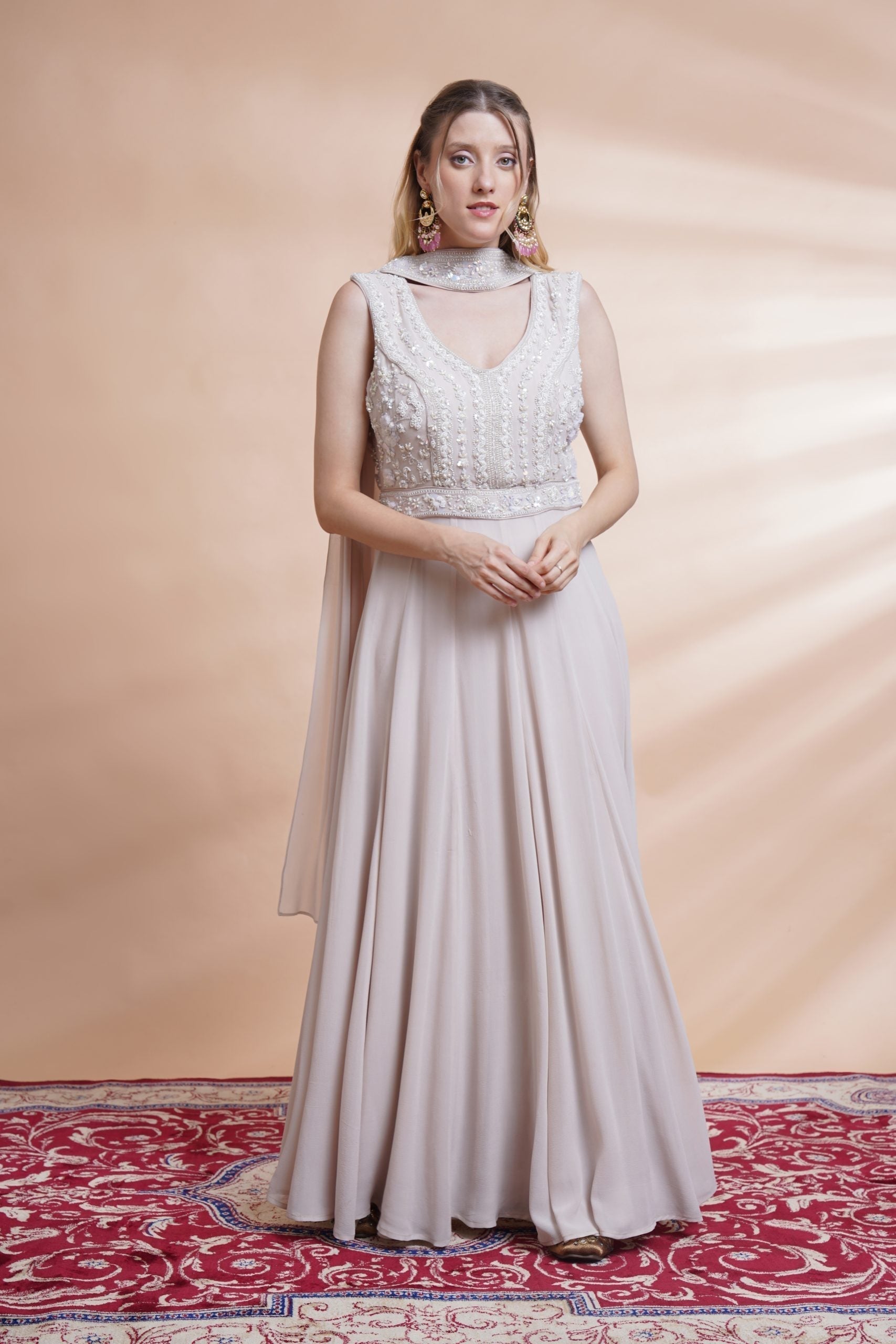 Image of Grey georgette flare gown set