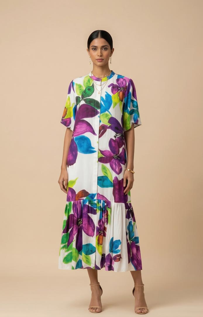 THETAA Calista  Embroidered Silk Shantoon Dress