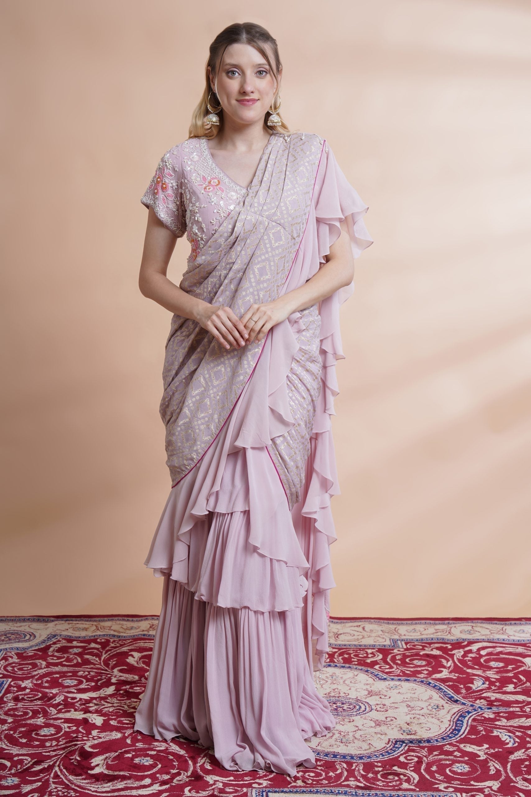 Image of Mauve georgette drape saree set