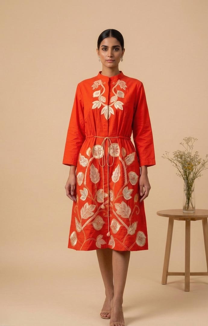 THETAA Iraaya - Embroidered vermilion shirt dress