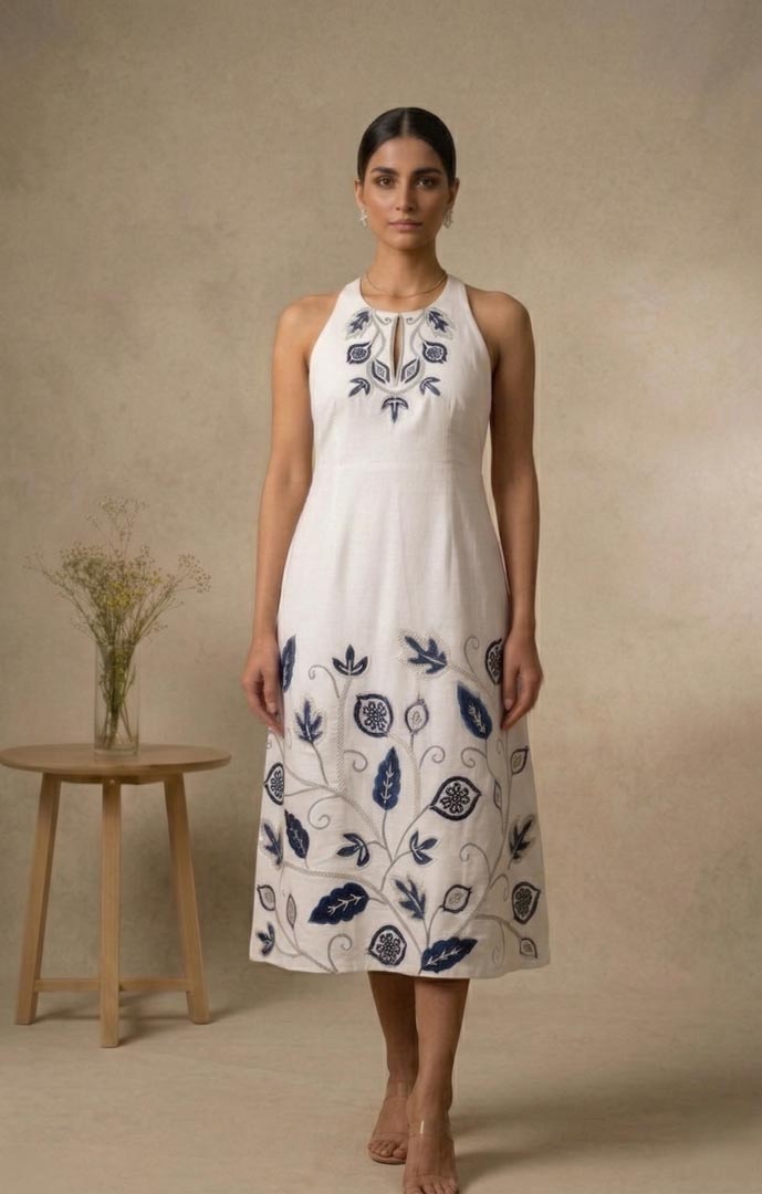 THETAA Indira  Embroidered Cotton Linen Dress