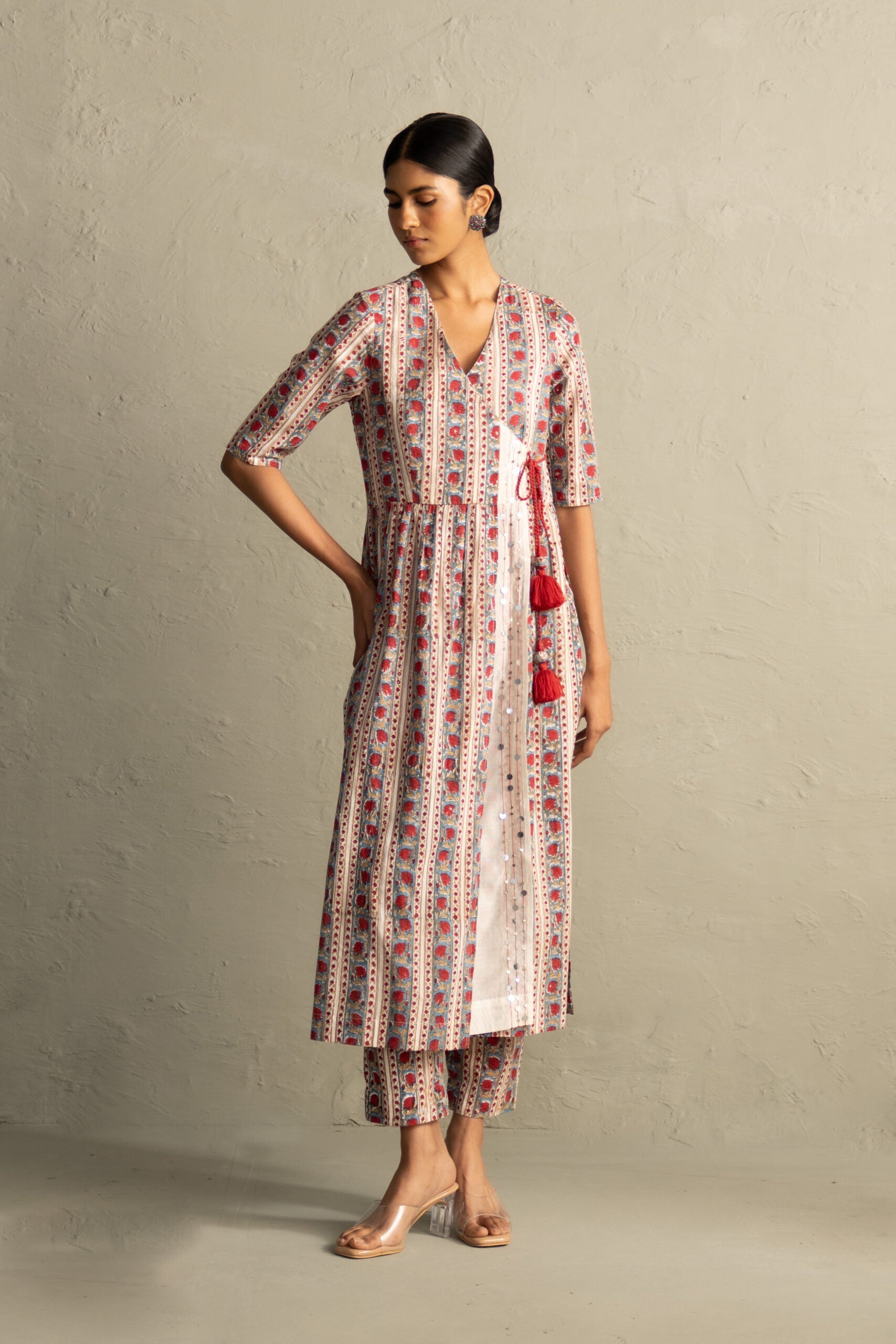 Cream Phool Dori Hand Block Angrakha Straight Kurta Set