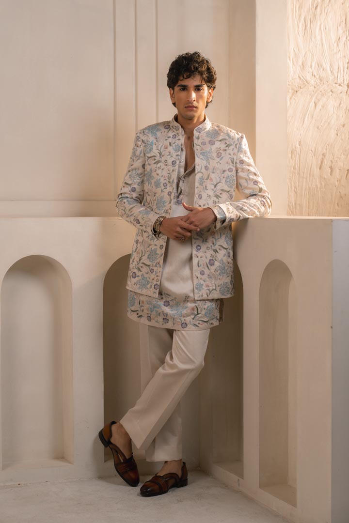 Silver veil linen silk short jacket set