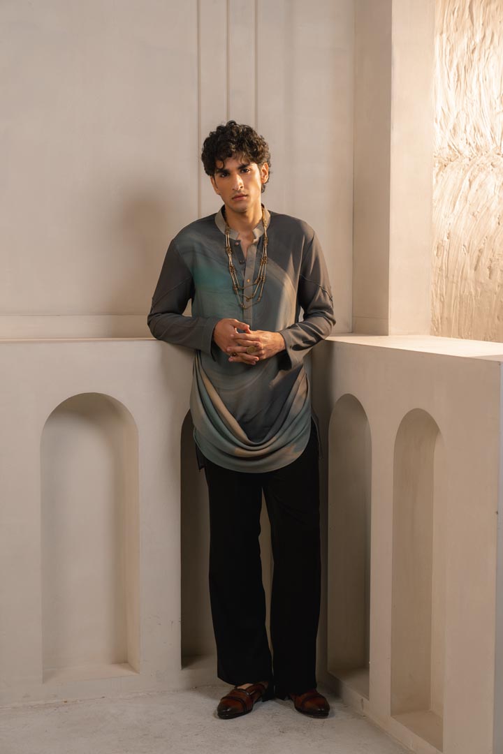 Grey crepe drape kurta set